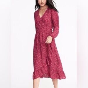 Old Navy Waist Defined Ruffle Trim Georgette Faux Wrap Floral Dress Sz L